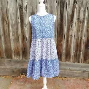 Pomegranate Floral Print Tiered Dress Sleeveless Button Back Blue S